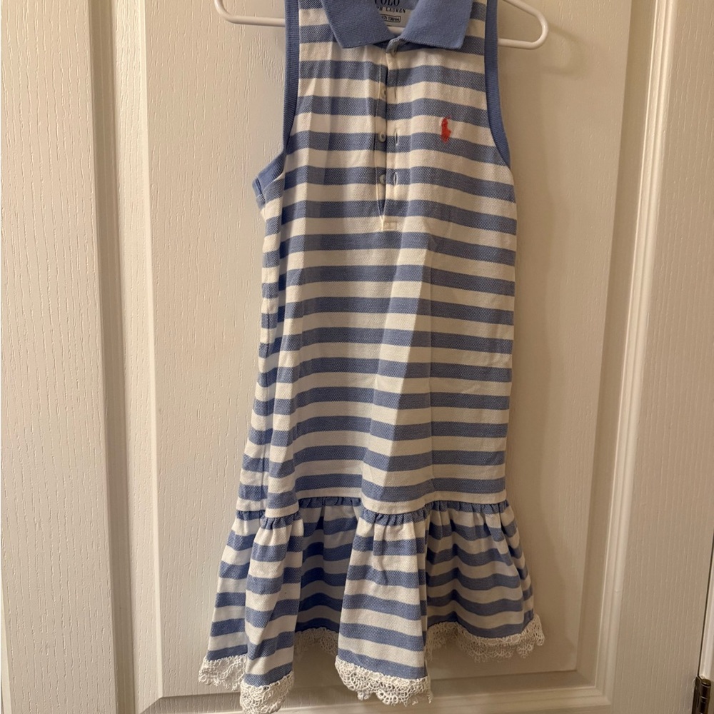 Ralph Lauren Girls Blue & White Striped Polo Dress with Lace Trim